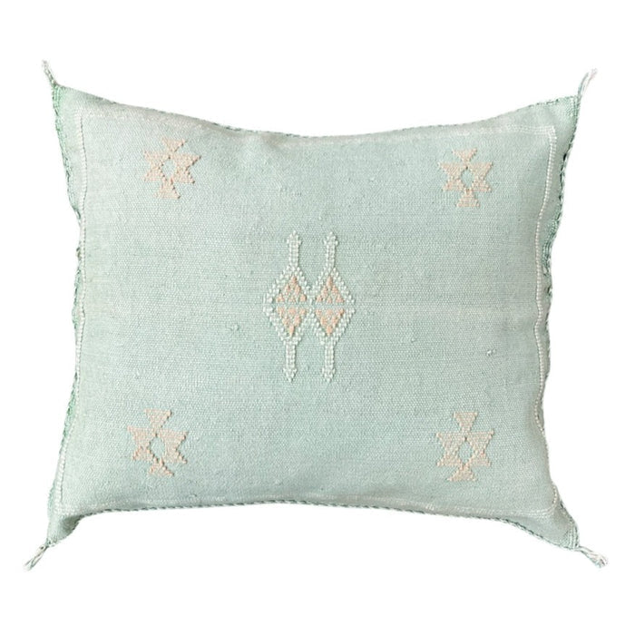 Artisanal Handmade Moroccan embroidered cactus silk sabra pillow handwoven blue turquoise aqua