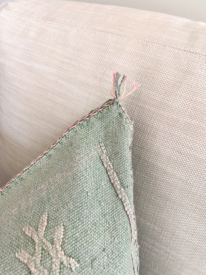 Artisanal Handmade Moroccan embroidered cactus silk sabra pillow handwoven blue turquoise aqua