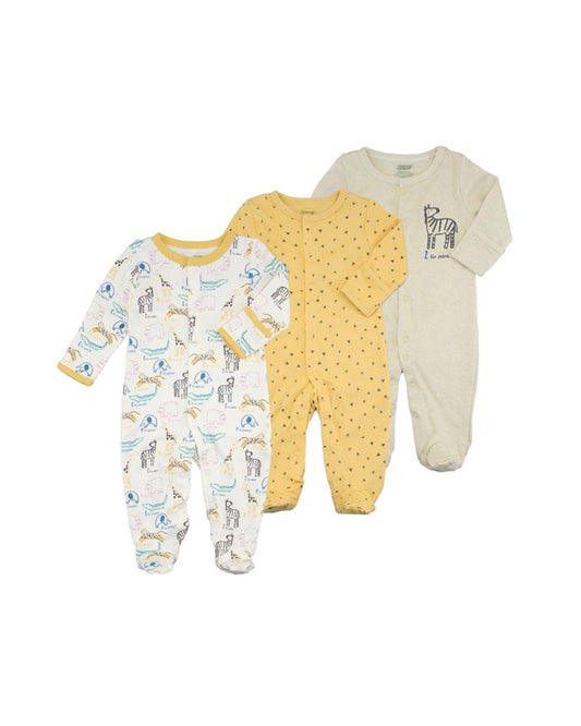 Baby boy cotton footed bodysuits, long sleeve; blue print, mustard dots, cream graphic