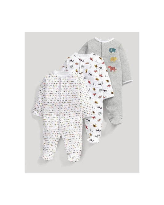 Baby boy cotton jumpsuit set, white and gray with animal print, long sleeves, footed