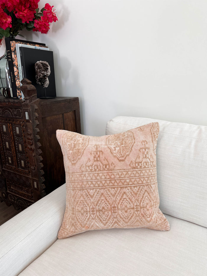 Handmade traditional Turkish oushak pillow cover made with vintage rugs 20x20 pink and tan