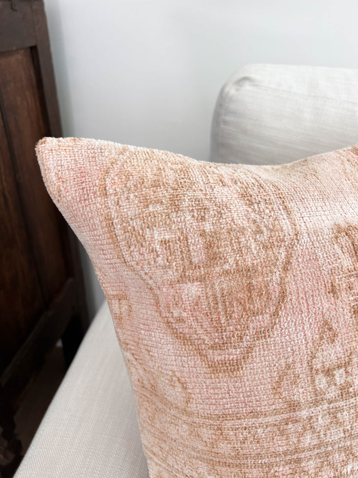 Handmade traditional Turkish oushak pillow cover made with vintage rugs 20x20 pink and tan