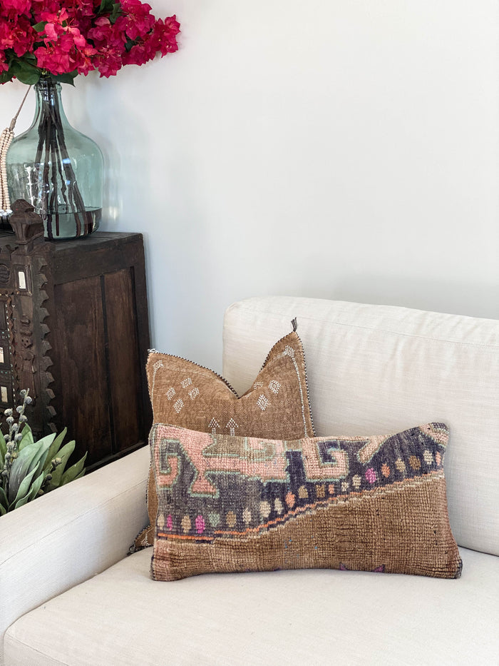 Rhiannon Handmade traditional Turkish oushak pillow cover made with vintage rugs 12x24 brown blue pink