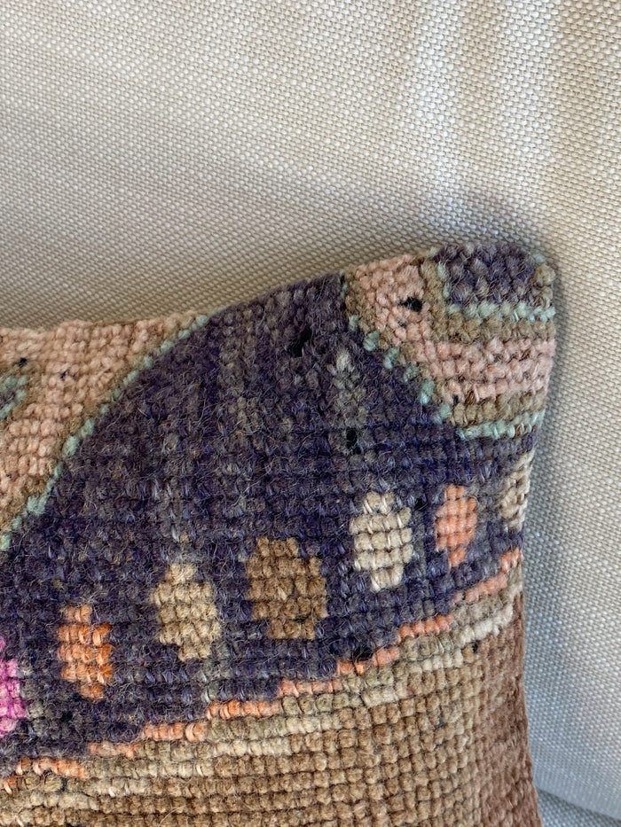 Rhiannon Handmade traditional Turkish oushak pillow cover made with vintage rugs 12x24 brown blue pink