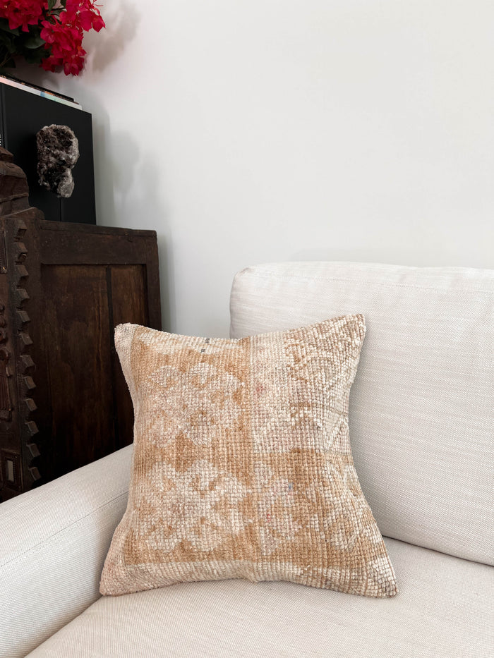 Handmade traditional Turkish oushak pillow cover made with vintage rugs 16x16 beige tan taupe