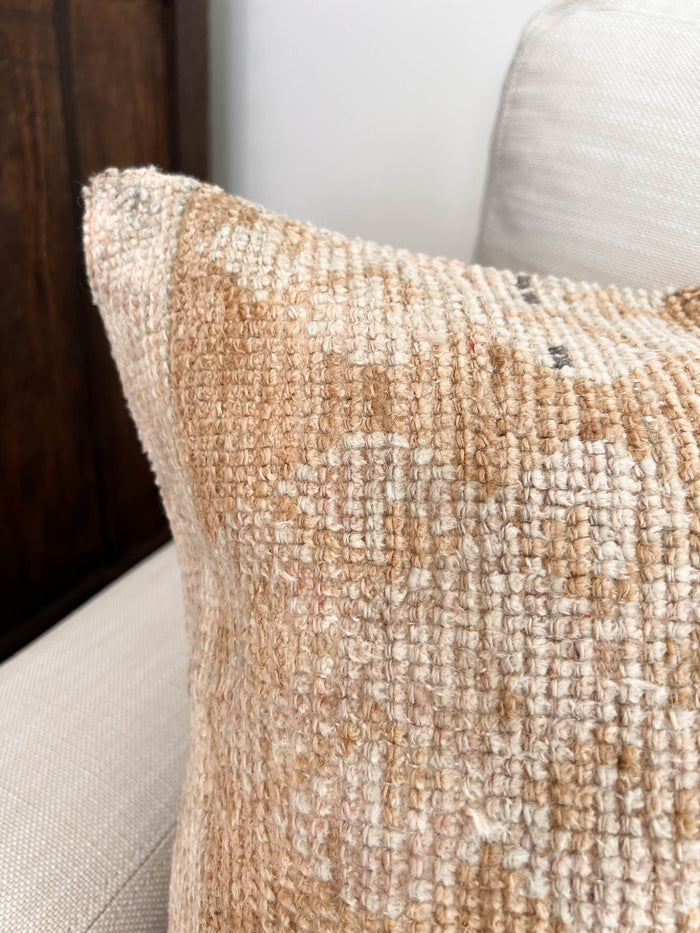 Handmade traditional Turkish oushak pillow cover made with vintage rugs 16x16 beige tan taupe
