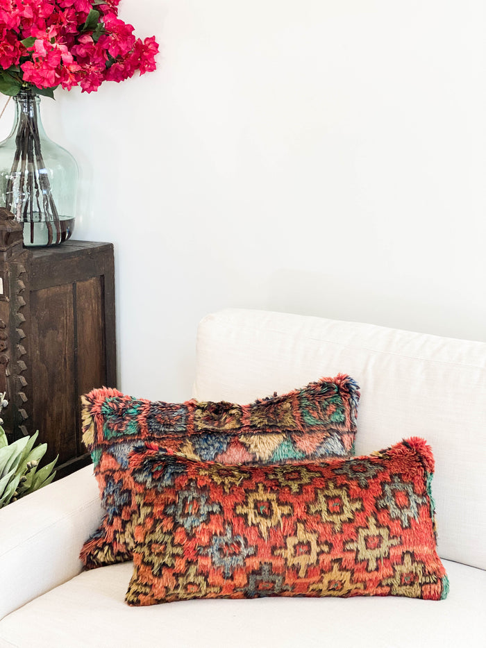 San Jose Handmade traditional Turkish oushak pillow cover made with vintage rugs 16x24 rust green blue