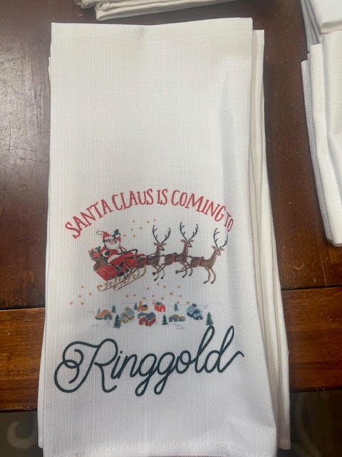 Santa Claus is Coming to Hometown Sleigh Square Tea Towel