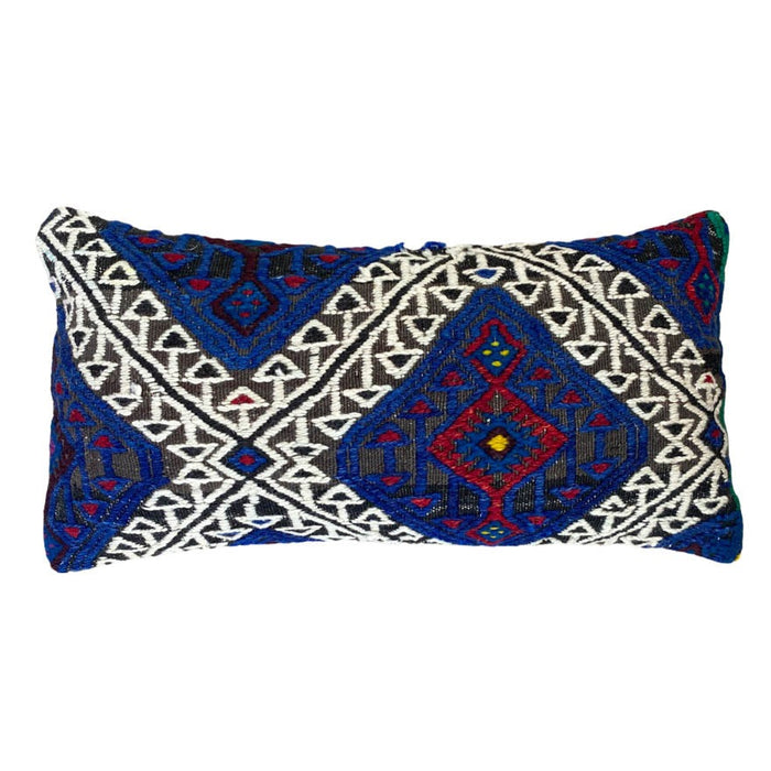 Handmade traditional Turkish kilim pillow cover made with vintage rugs 12x24 blue white