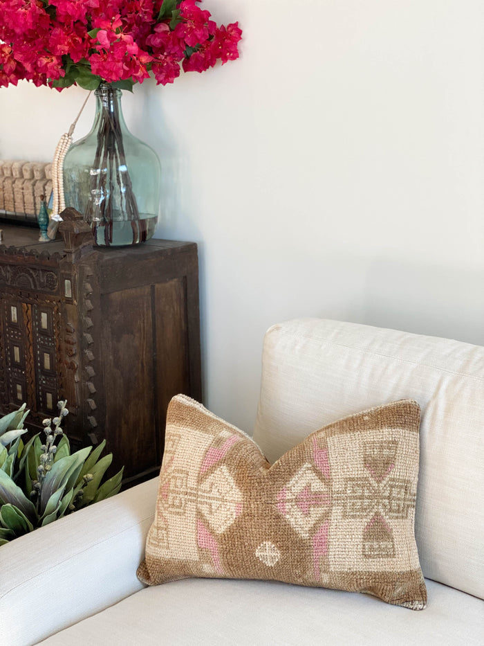 Shelly Handmade traditional Turkish oushak pillow cover made with vintage rugs 16x24 brown cream pink