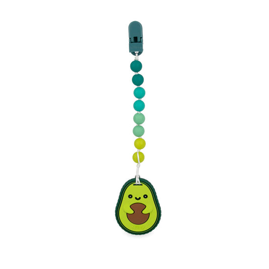 The Nuby Silicone Teether with Pacifier Clip | Avocado features a teal clasp, green gradient silicone beads, and a smiling avocado charm—making it an adorable baby accessory or cheerful teether.