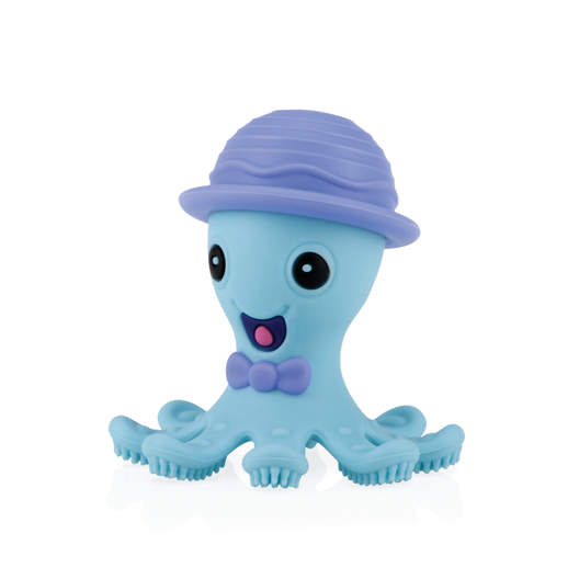 The Nuby Silly Teethe Textured Teether is a blue, cartoon octopus toy with a purple bow tie and hat, happy face, and textured tentacles to soothe sore gums—shown against a white background.
