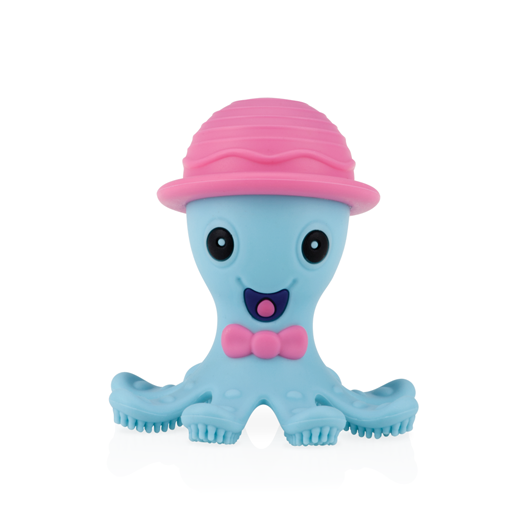 The Nuby Silly Teethe Textured Teether is a blue cartoon octopus toy with a pink hat and bow tie, designed in silicone to soothe sore gums for children.