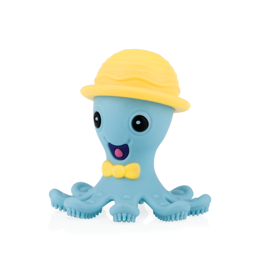 The Nuby Silly Teethe Textured Teether, shaped like a blue cartoon octopus with big eyes, a yellow hat, and bow tie, sits on a white background—perfect for soothing sore gums.