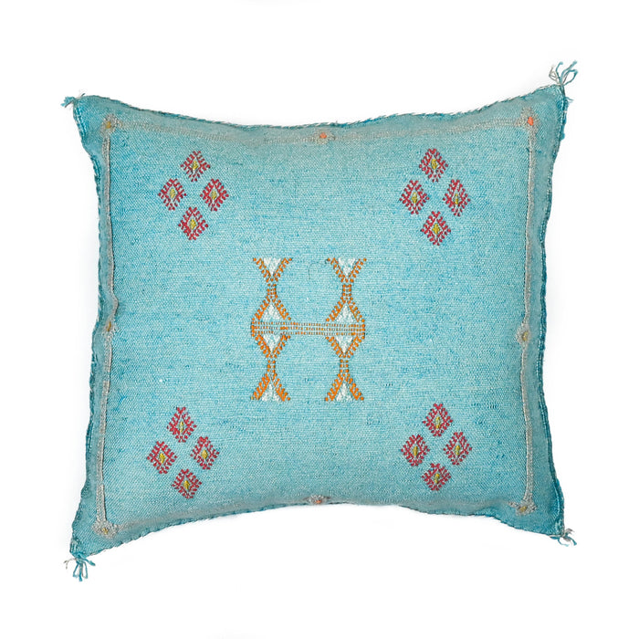 Sky XV Artisanal Handmade Moroccan embroidered cactus silk sabra pillow bright blue handwoven