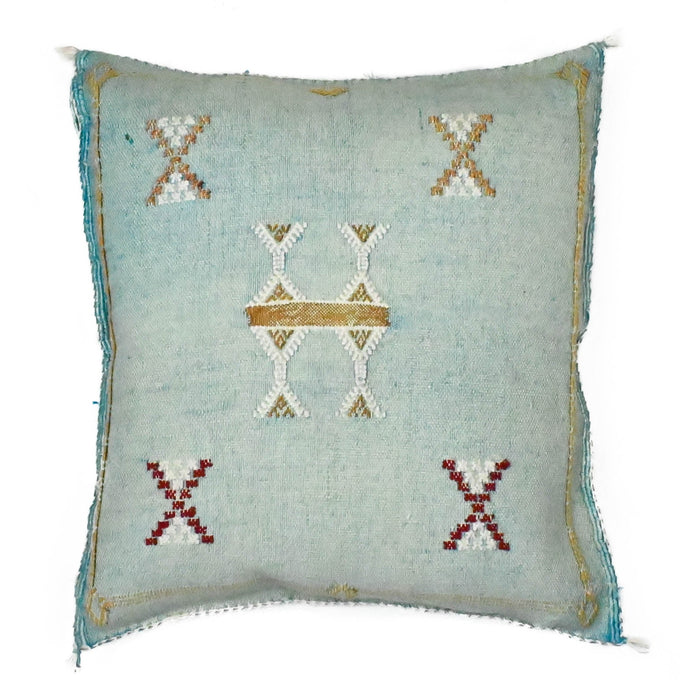 Sky XX Artisanal Handmade Moroccan embroidered cactus silk sabra pillow pastel blue handwoven