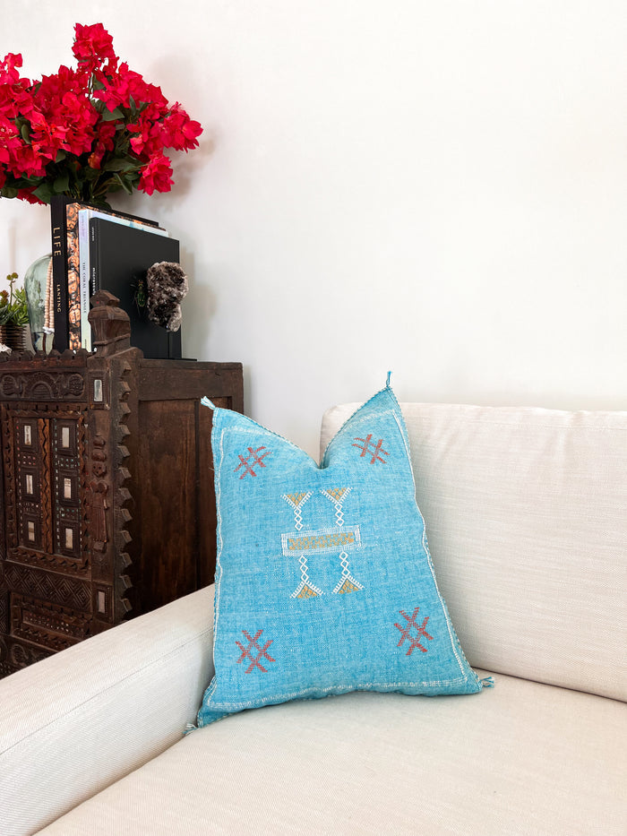 Artisanal Handmade Moroccan embroidered cactus silk sabra pillow bright turquoise blue handwoven