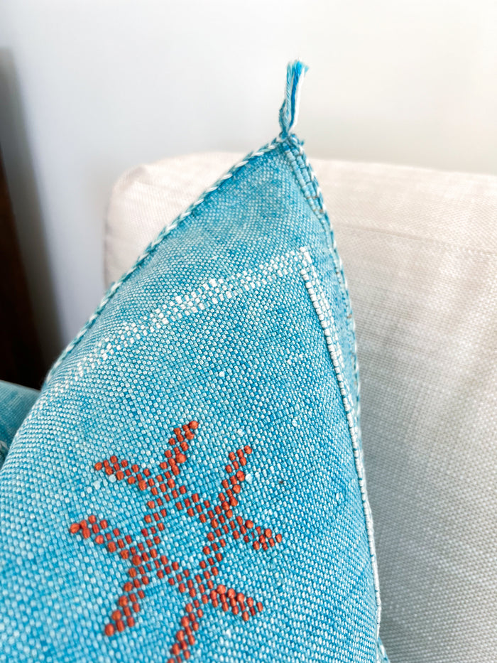Artisanal Handmade Moroccan embroidered cactus silk sabra pillow bright turquoise blue handwoven