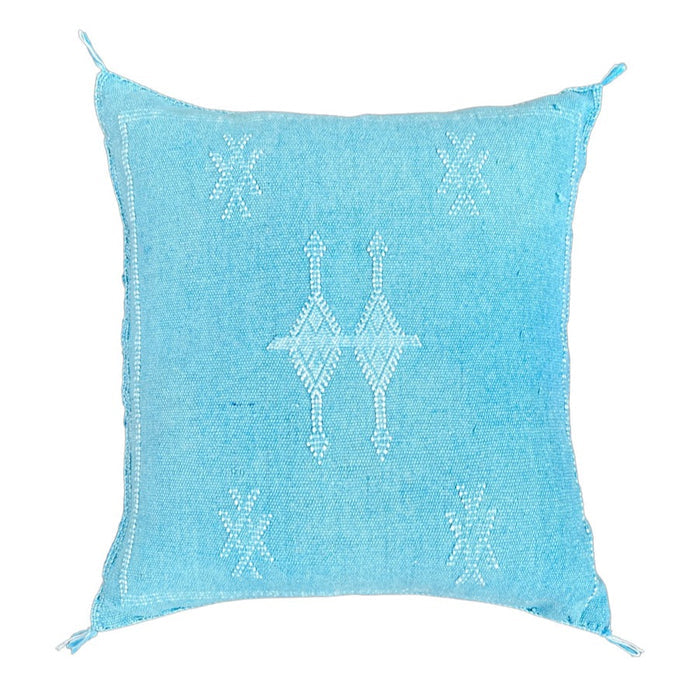 Artisanal Handmade Moroccan embroidered cactus silk sabra pillow bright turquoise blue handwoven