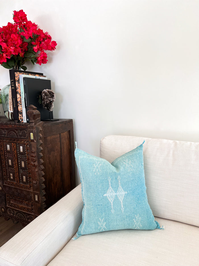 Artisanal Handmade Moroccan embroidered cactus silk sabra pillow bright turquoise blue handwoven