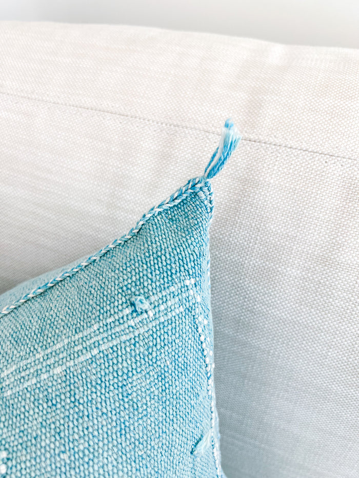 Artisanal Handmade Moroccan embroidered cactus silk sabra pillow bright turquoise blue handwoven