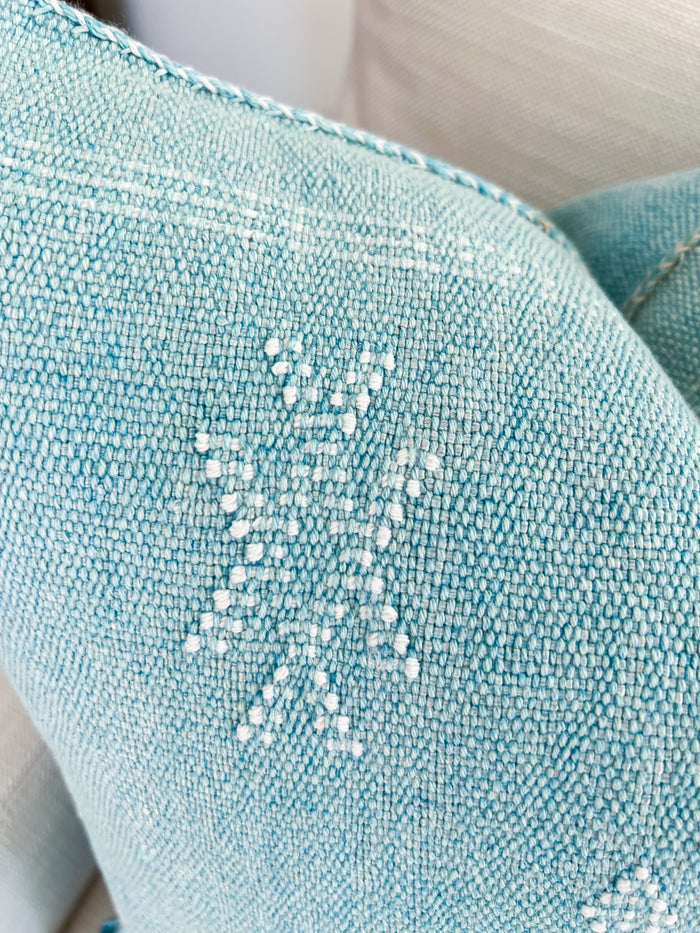 Artisanal Handmade Moroccan embroidered cactus silk sabra pillow bright turquoise blue handwoven