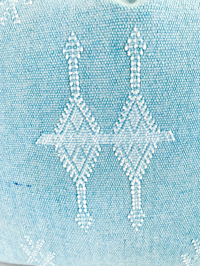 Artisanal Handmade Moroccan embroidered cactus silk sabra pillow bright turquoise blue handwoven