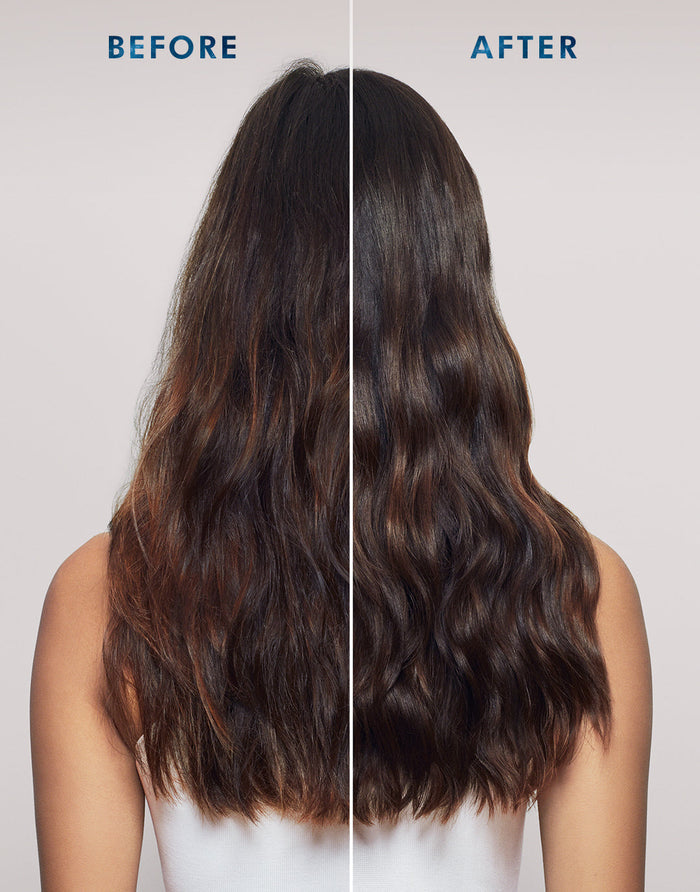 Woman shown from the back with frizzy hair on the left labeled before and smooth shiny hair on the right labeled after using Smoothing Lotion | Moroccanoil.
