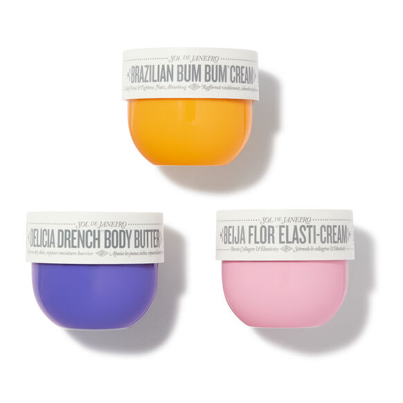 Sol de Janeiro Rio Body Trio Set with three 75ml skin care bottles, featuring nourishing body products from SOL DE JANEIRO.