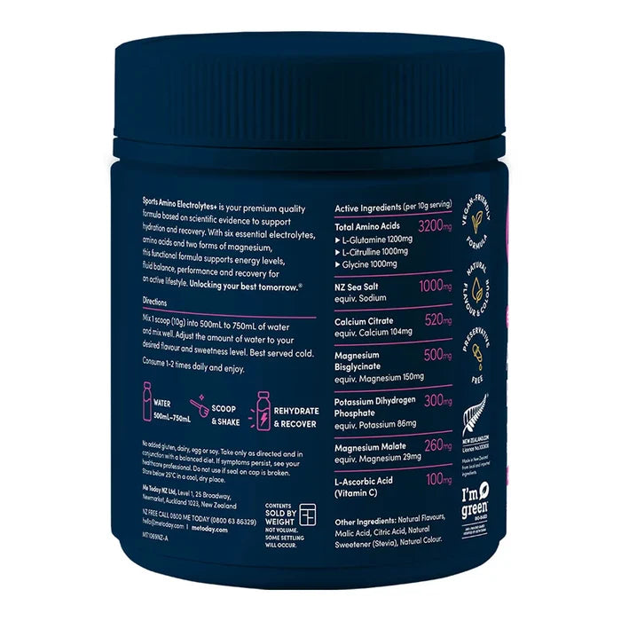 A dark navy blue bottle of Sports Amino Electrolytes shown from the back, displaying detailed text, nutritional information, and usage directions on a clean white background.