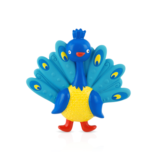 The Squeezy Teethe Soft Rubber Teether is a colorful peacock-shaped teether with a blue body, yellow belly, red feet, and blue tail feathers featuring yellow and dark blue eye spots, shown on a white background.