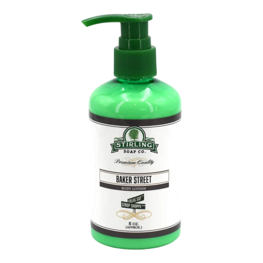 Stirling Soap Co. Baker Street body lotion i grønn flaske med pumpe