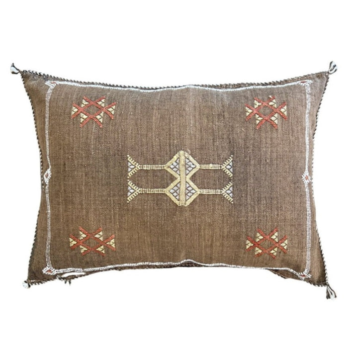 Artisanal Handmade Moroccan embroidered cactus silk sabra lumbar pillow brown handwoven
