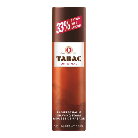 Tabac Original barberskum i 200 ml flaske med rødbrun design og '33% EXTRA FREE' etikett