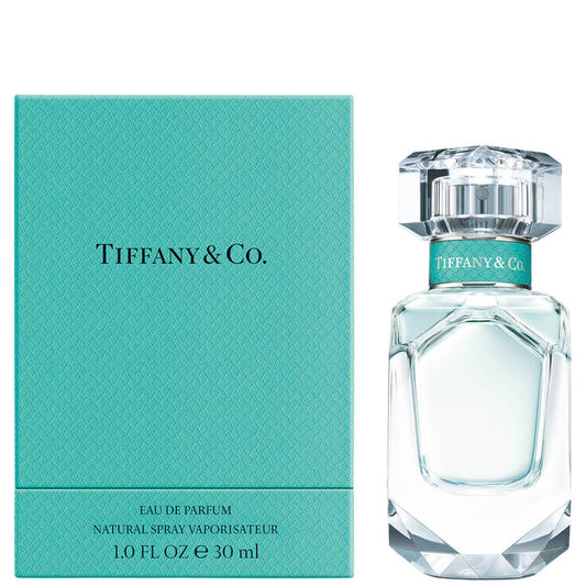 Tiffany & Co. Eau de Parfum for Her 30ml bottle, elegant glass perfume container with Tiffany branding, on a neutral background.
