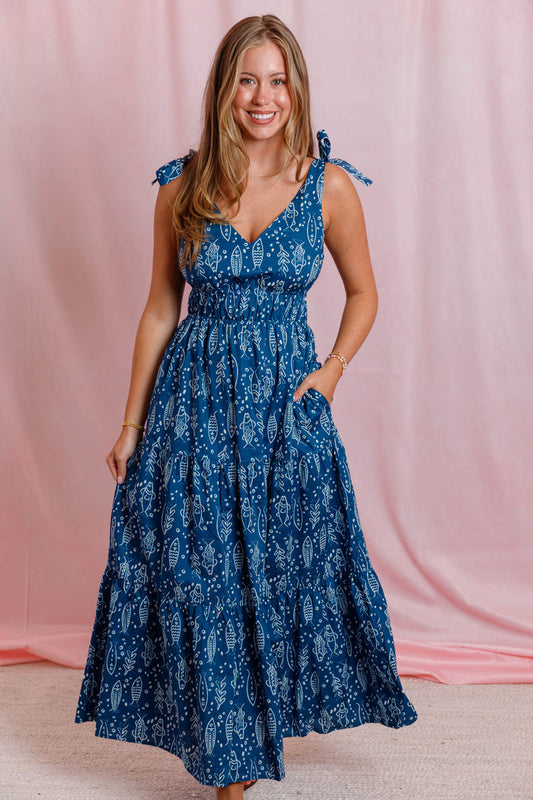 Blue Coastal Fish Print Maxi Dress- Women's Vacation Dresses- THML Fish Dress