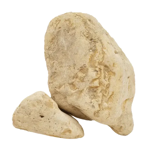 White Adder Boulder: two smooth light beige river rocks with natural contours