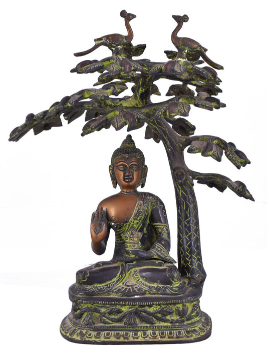 White Whale Brass Lord Buddha Statue Blessing Under The Tree Murti for Home Decor Entrance Office Table Living Room Meditation Luck Gift Feng Shui