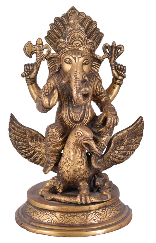 White Whale Lord Ganesha Sitting on Jatayu Brass Statue Religious Strength God Sculpture Idol Home Decor