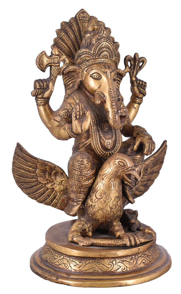 White Whale Lord Ganesha Sitting on Jatayu Brass Statue Religious Strength God Sculpture Idol Home Decor