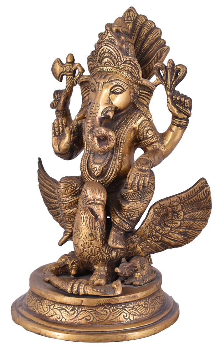 White Whale Lord Ganesha Sitting on Jatayu Brass Statue Religious Strength God Sculpture Idol Home Decor