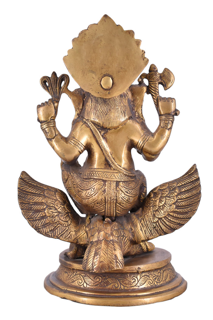 White Whale Lord Ganesha Sitting on Jatayu Brass Statue Religious Strength God Sculpture Idol Home Decor
