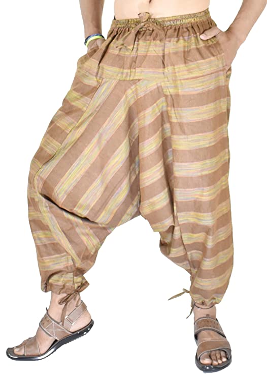 Whitewhale Mens Cotton Stripe Harem Pants Pockets Yoga Trousers Hippie