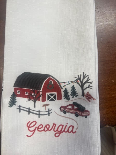 Winter Red Barn Tea Towel